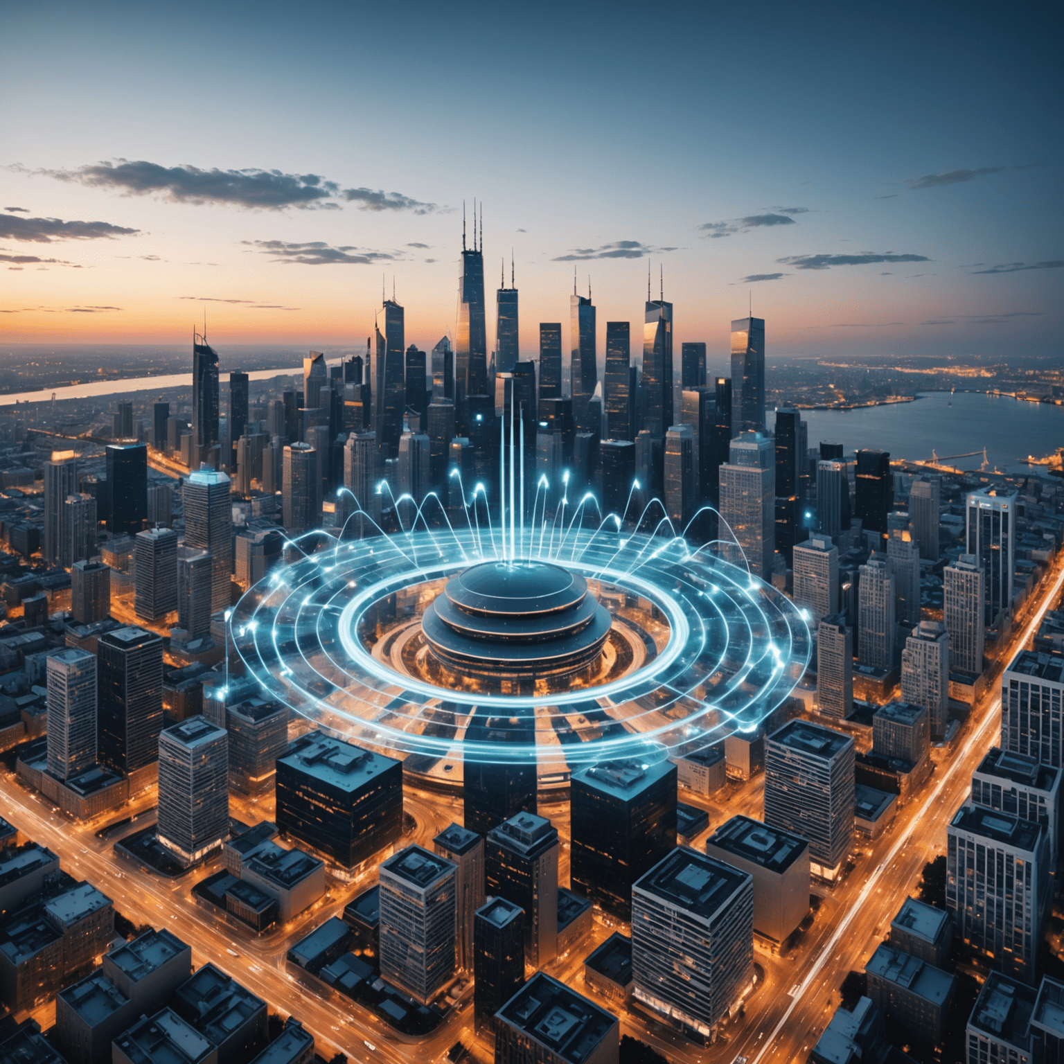 Una antena 5G emitiendo ondas de datos sobre una ciudad moderna llena de dispositivos móviles conectados