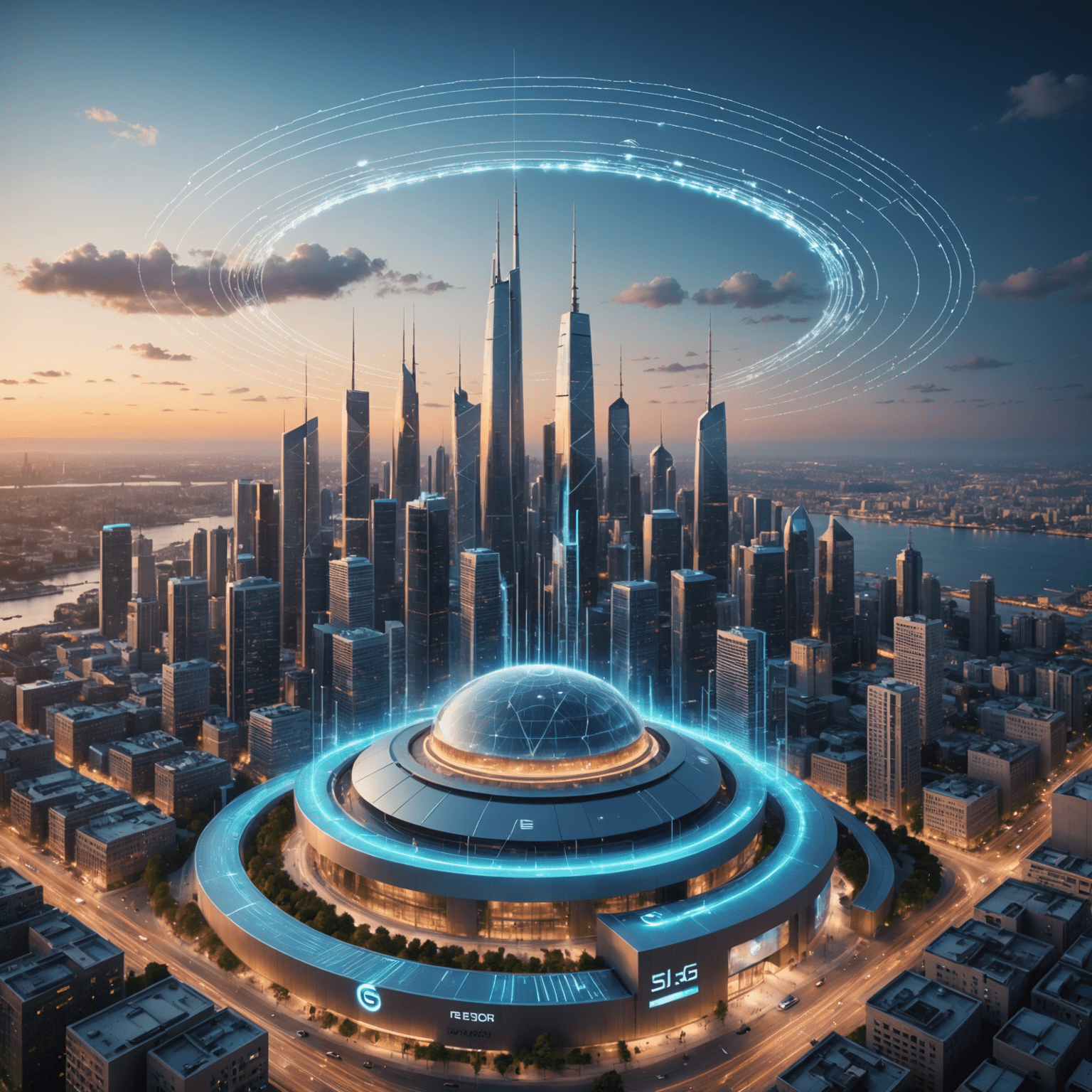 Una antena 5G emitiendo ondas de datos sobre una ciudad futurista, representando la revolución de la conectividad móvil
