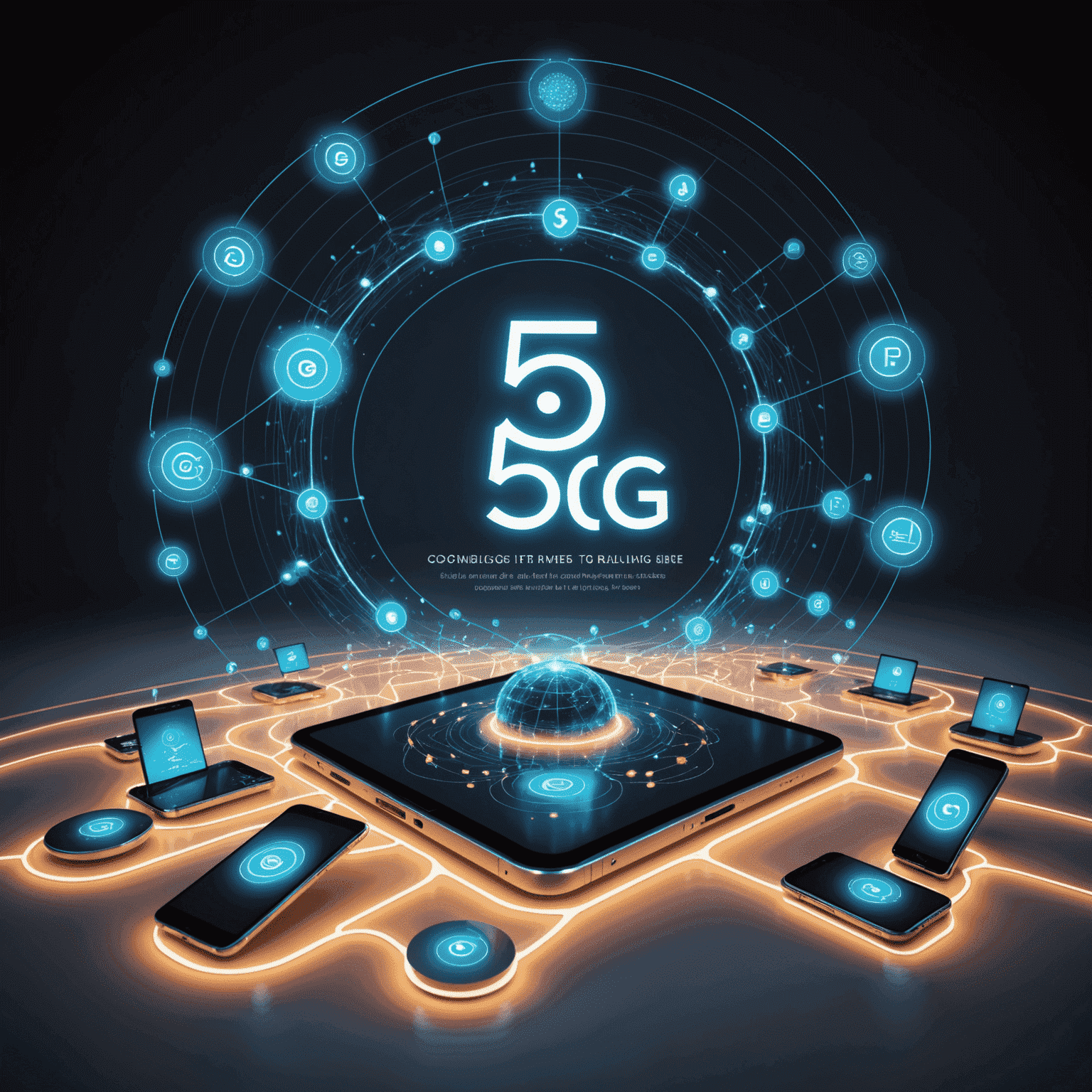 Imagen conceptual de una red 5G con dispositivos móviles conectados y ondas de señal visualizadas