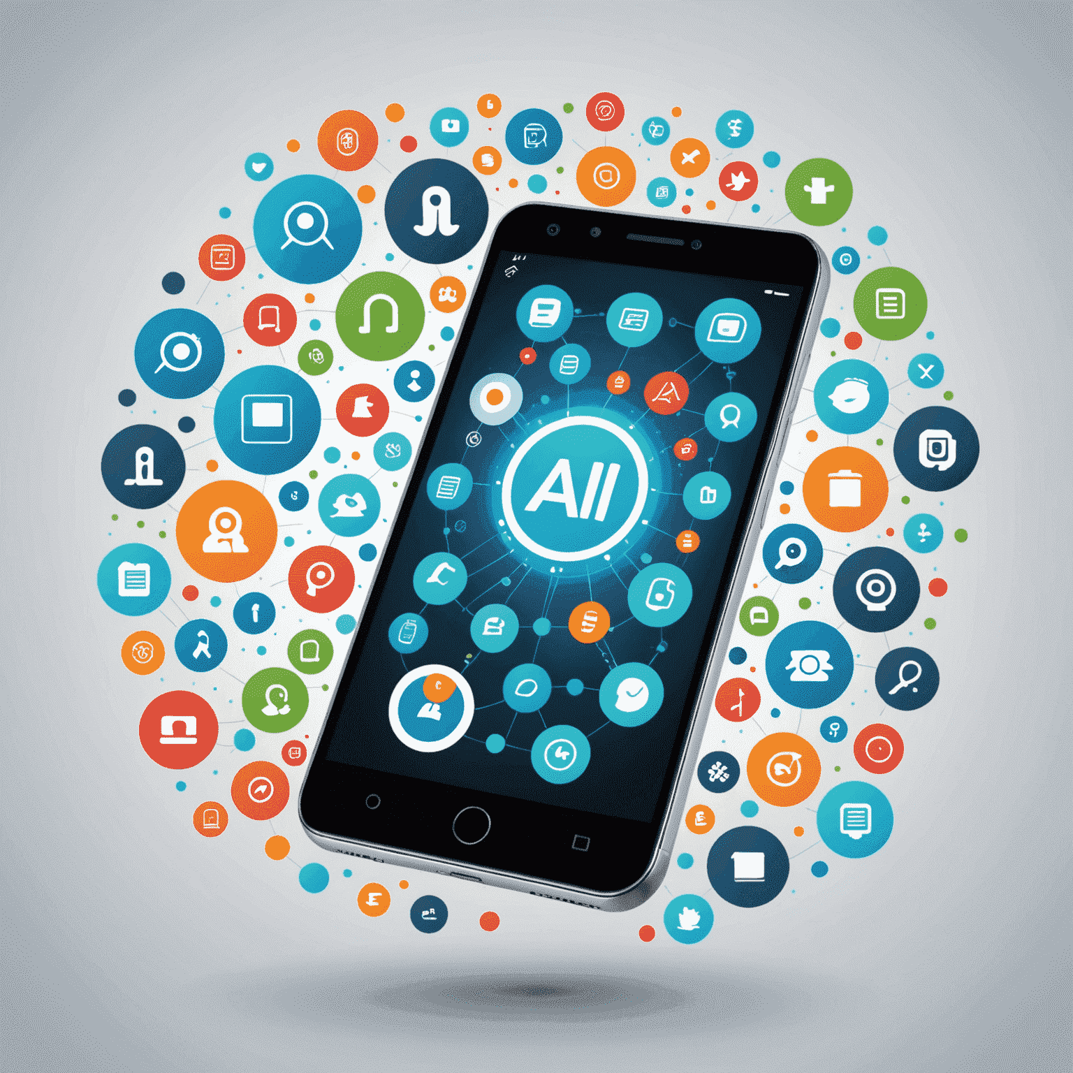 Ilustración de un teléfono inteligente con iconos de IA flotando alrededor, representando las diversas aplicaciones de la IA en dispositivos móviles