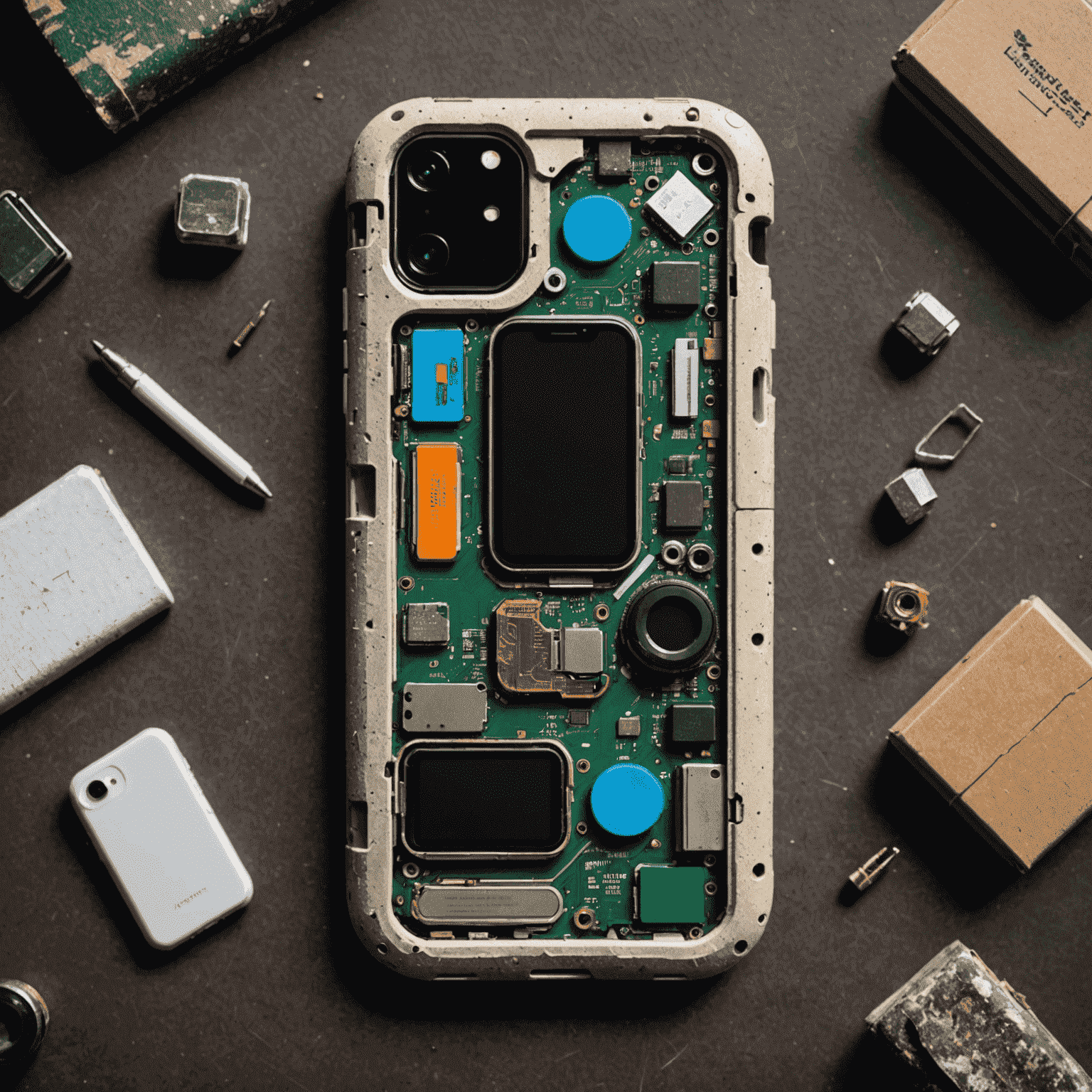 Smartphone fabricado con materiales reciclados, mostrando una carcasa texturizada hecha de plástico reciclado y componentes internos etiquetados como reciclados