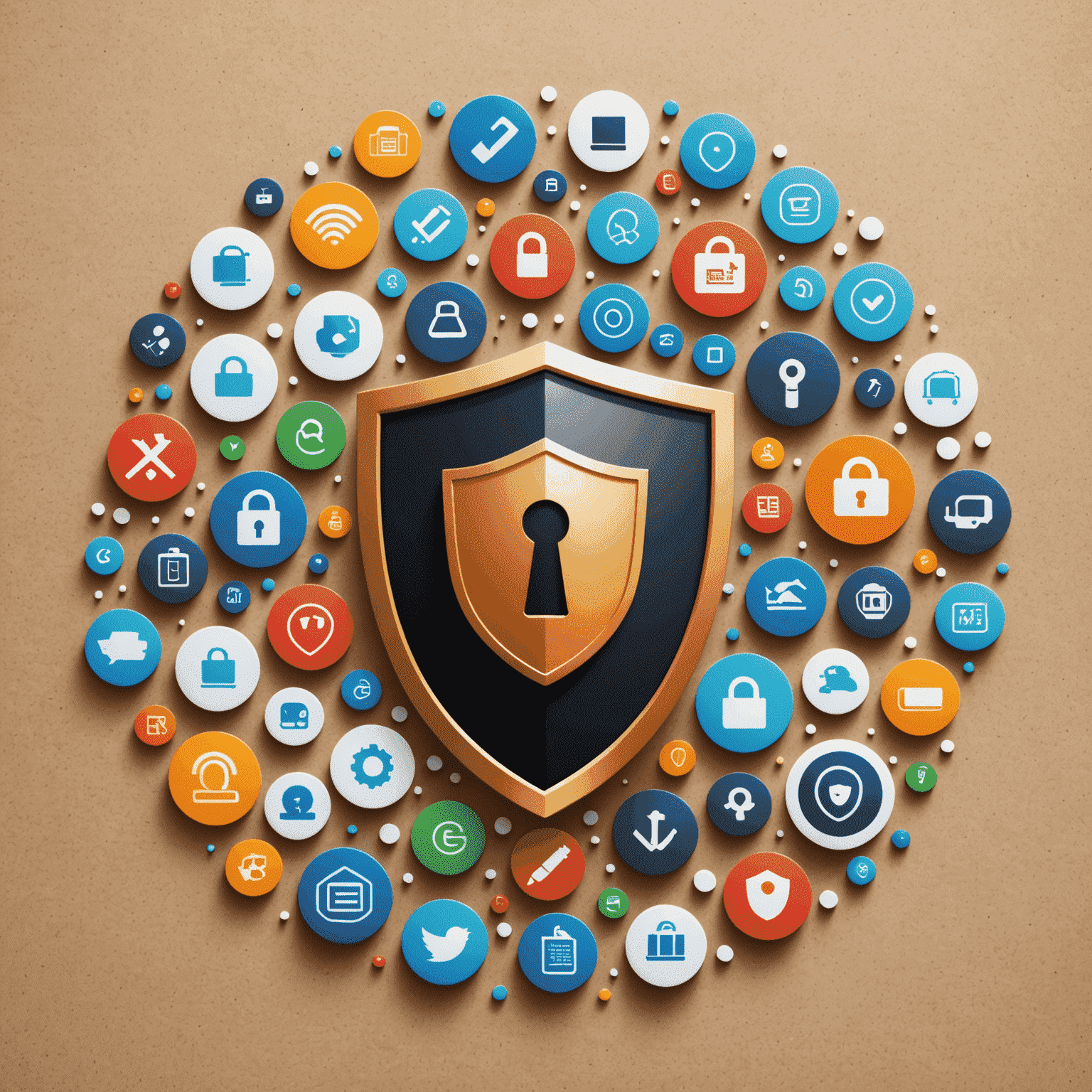Collage de iconos de aplicaciones de seguridad móvil con un escudo protector en el centro