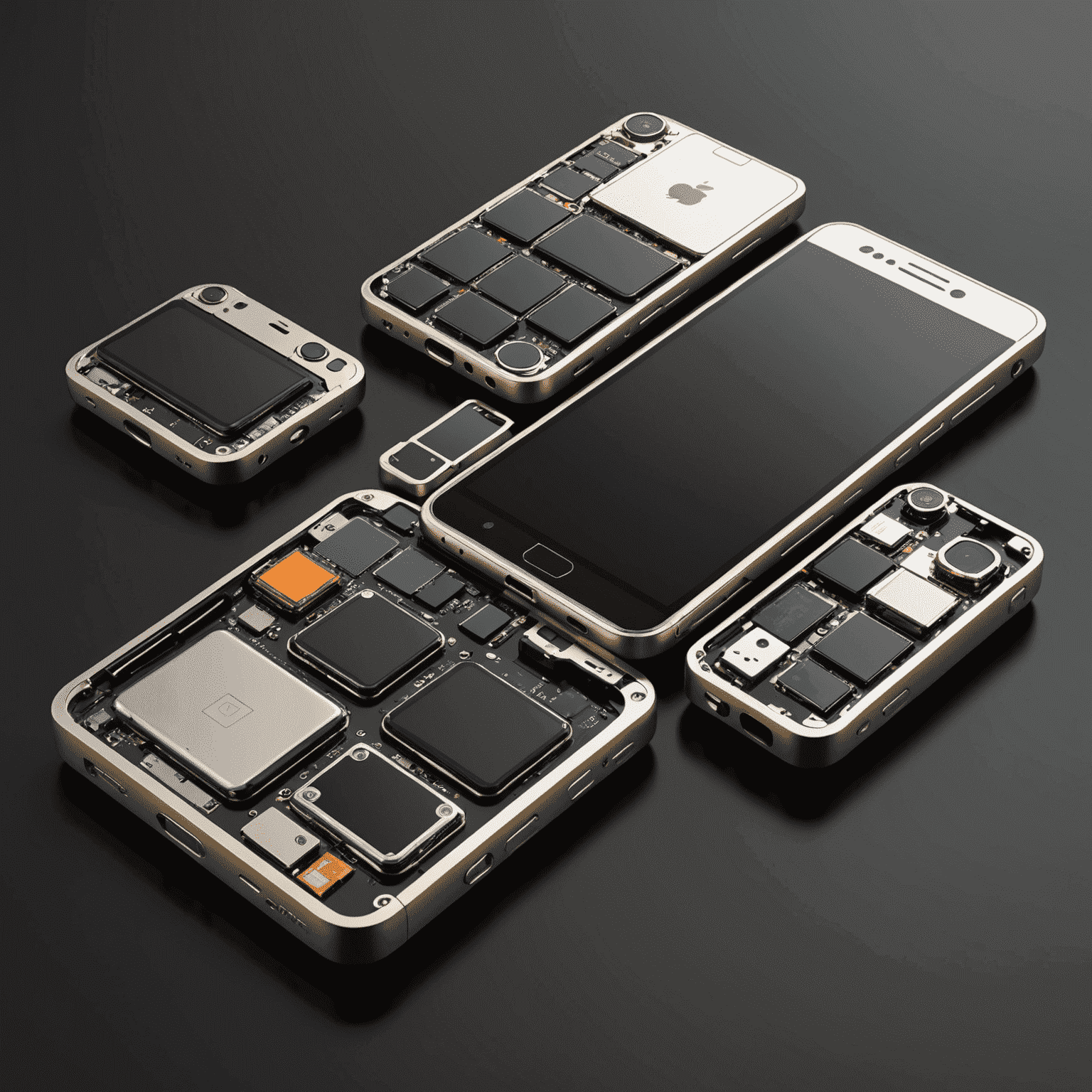 Smartphone modular con componentes desmontables claramente visibles, incluyendo batería, cámara y módulos de pantalla