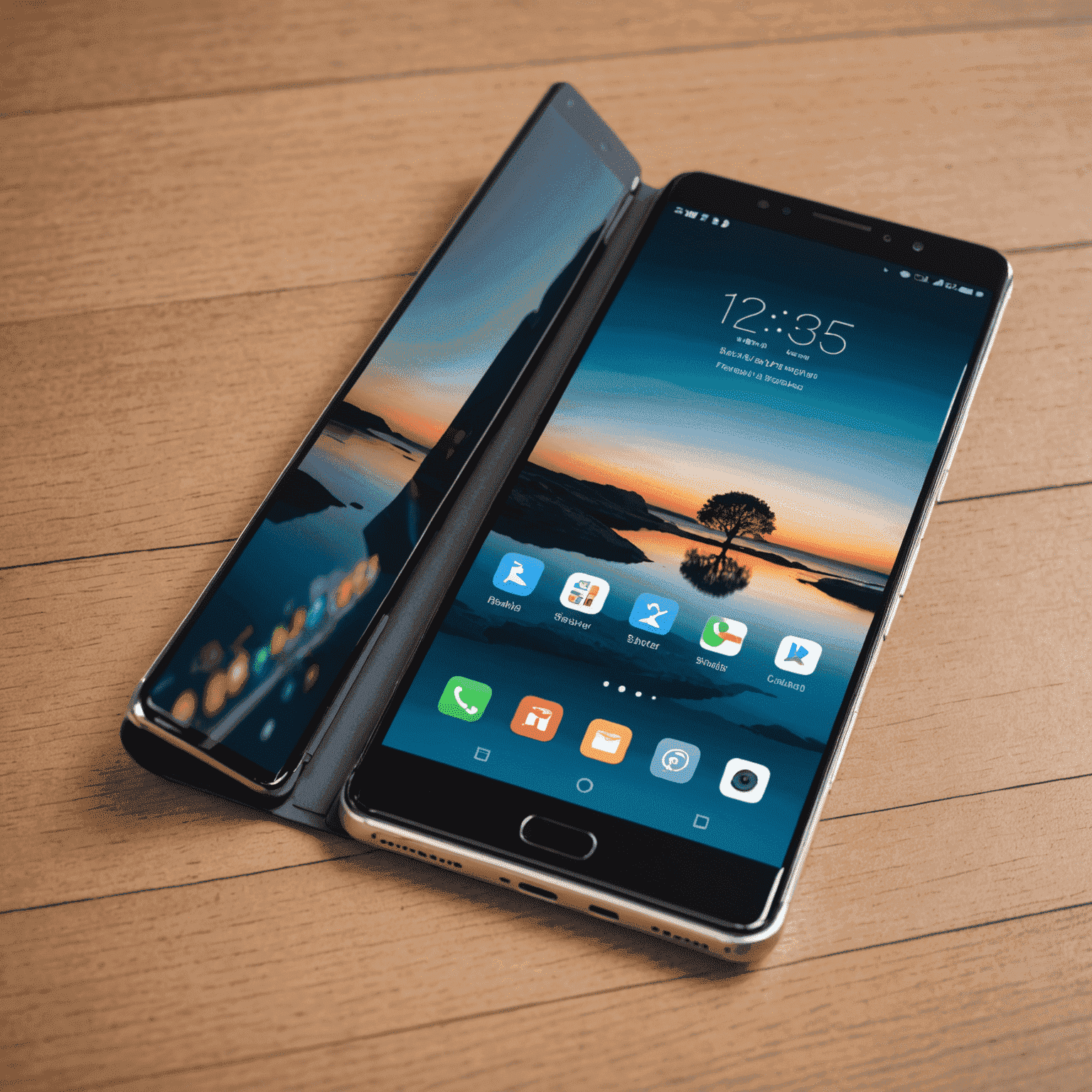 Un smartphone plegable moderno en posición semi-abierta mostrando su pantalla flexible