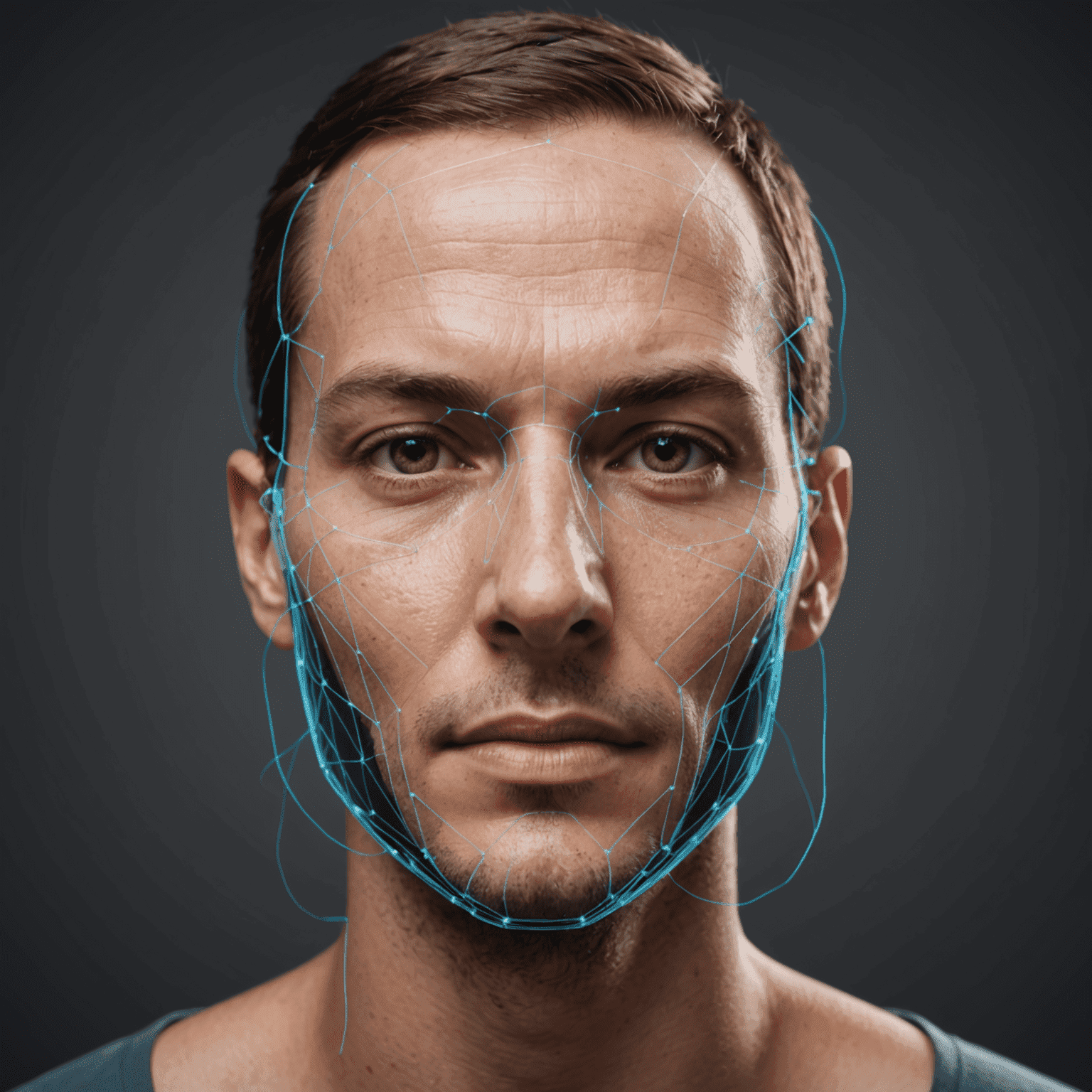 Ilustración de un escaneo facial en 3D con puntos de referencia y líneas de malla, demostrando la tecnología de reconocimiento facial avanzada