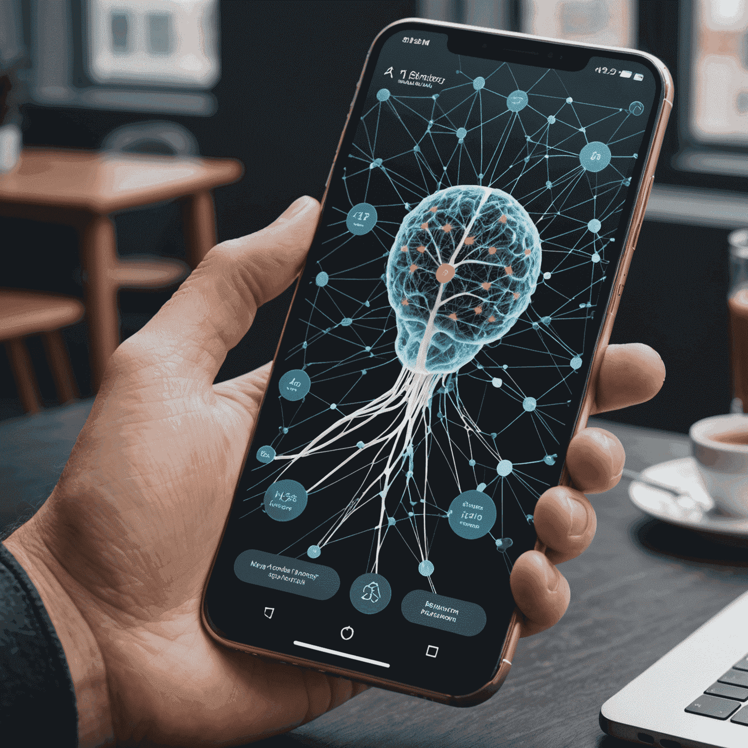 Representación visual de una red neuronal superpuesta sobre un smartphone, ilustrando la integración de la IA en dispositivos móviles