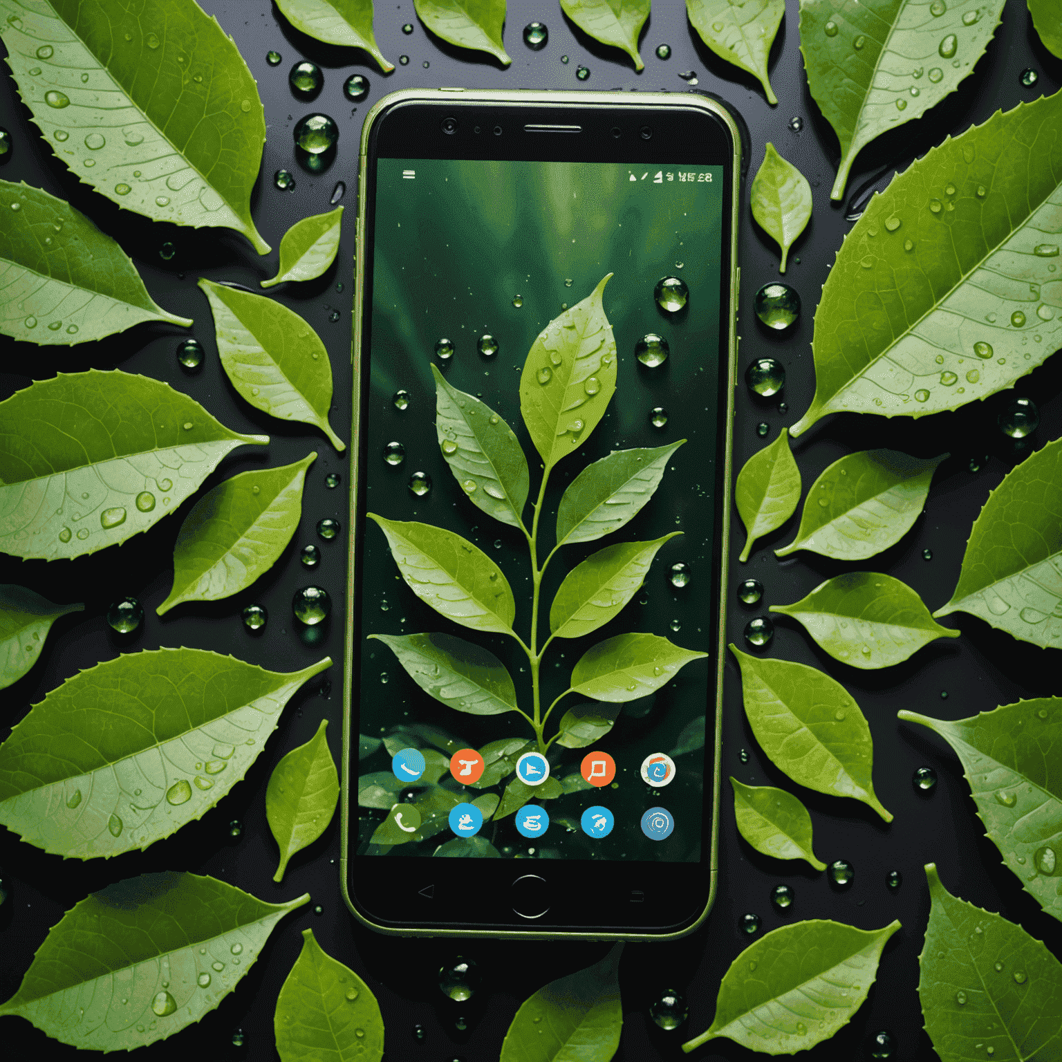 Un smartphone rodeado de elementos naturales como hojas y gotas de agua, simbolizando la tecnología móvil ecológica